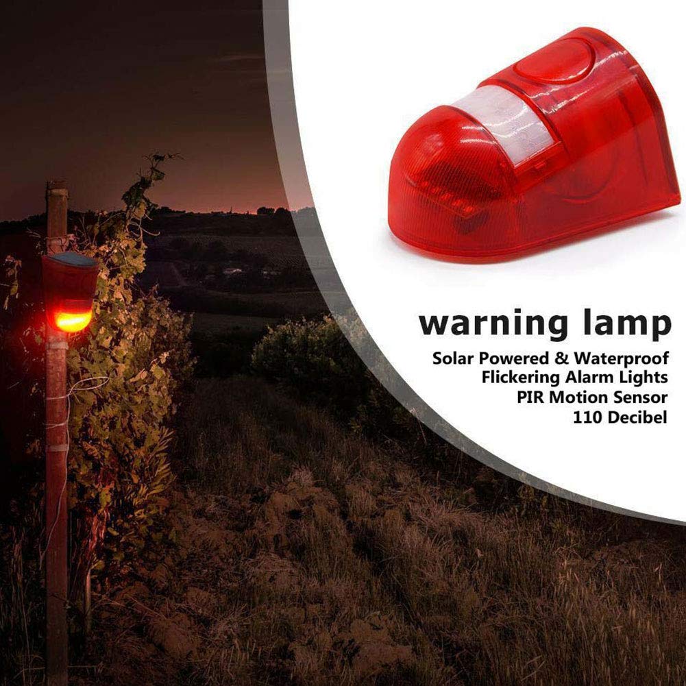 Solarny alarm bezpieczeństwa IP65, wodoodporny czujnik ruchu LED, migająca lampa, 110 dB, głośna syrena, system alarmowy do domu, gospodarstwa, sklepu, ogrodu, willi (2 szt.)