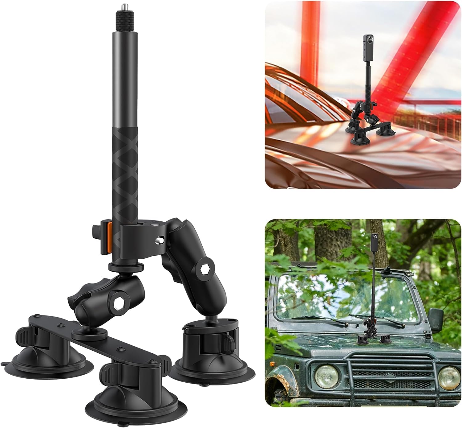 Car Suction Camera Mount, 3in1 Suction Cups Mount with 118cm Invisible Selfie Stick for Insta360 X4 X3 X2 X ONE, Gopro,360° Rotation Car Holder for Windshield Window, Car Hood, Top Roof, Trunk lid