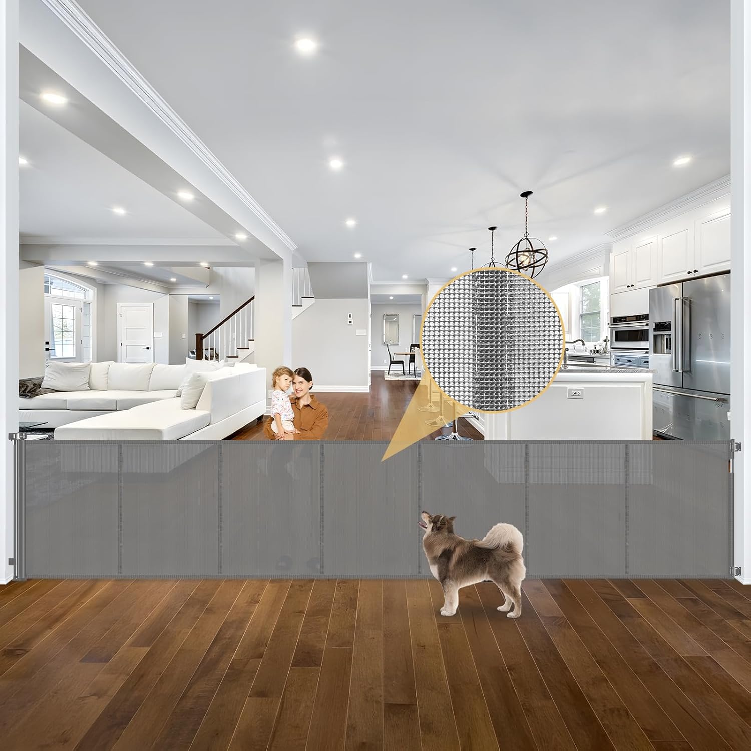 Reinforced 42" Tall Retractable Dog Gate Mesh Baby Fence Gate, 16 Ft Long Baby Gates Indoor Extra Long Gates for Kids or Pets, Outdoor Retractable Gate with Support Rods - Prevent Crawling Under, Gray