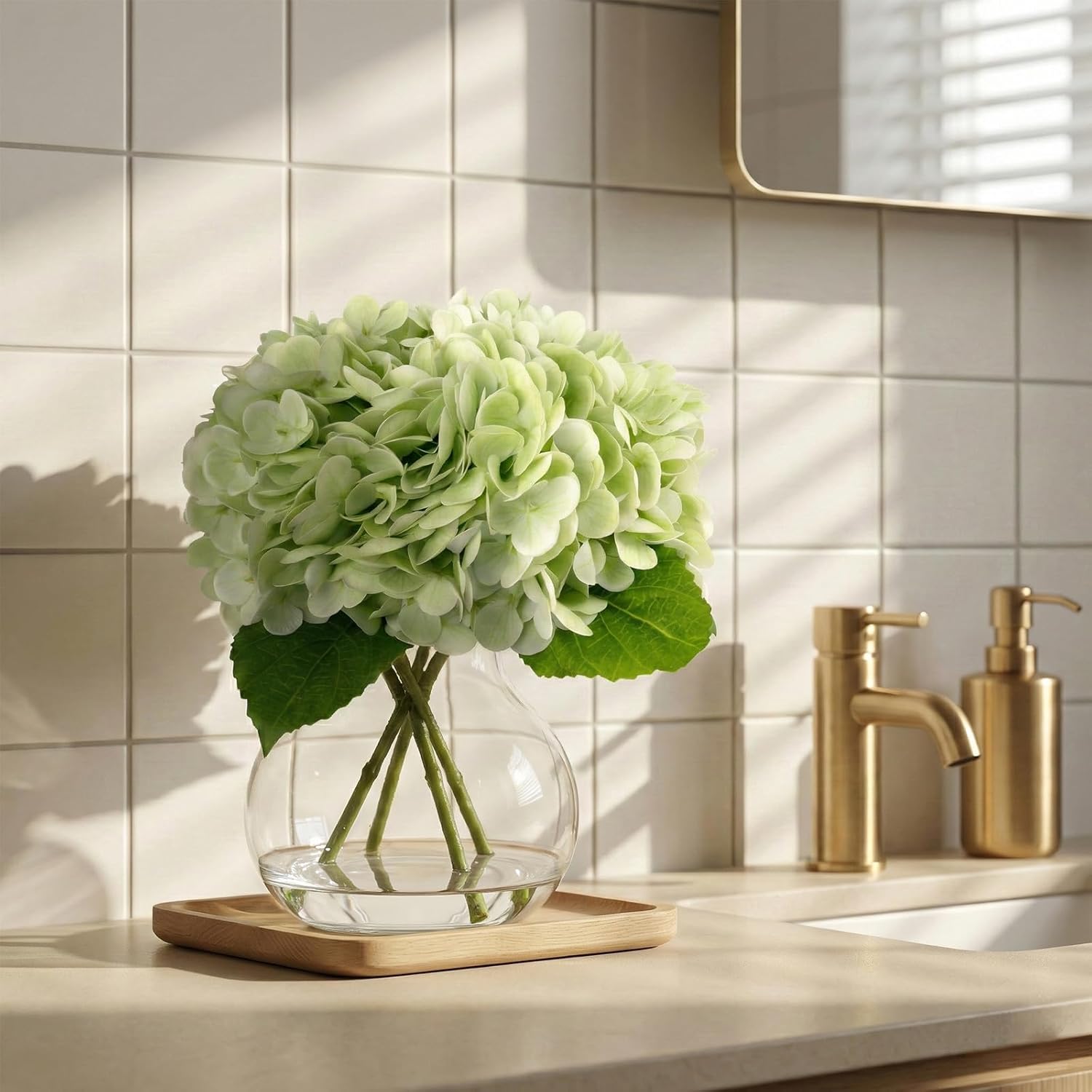 Real Touch Artificial Hydrangea in Vase,Premium Faux Flowers with Faux Water for Home Decoration,Coffee Table,Wedding,Green Fake Hydrangea with Vase for DIY Floral Arrangements - Image 7