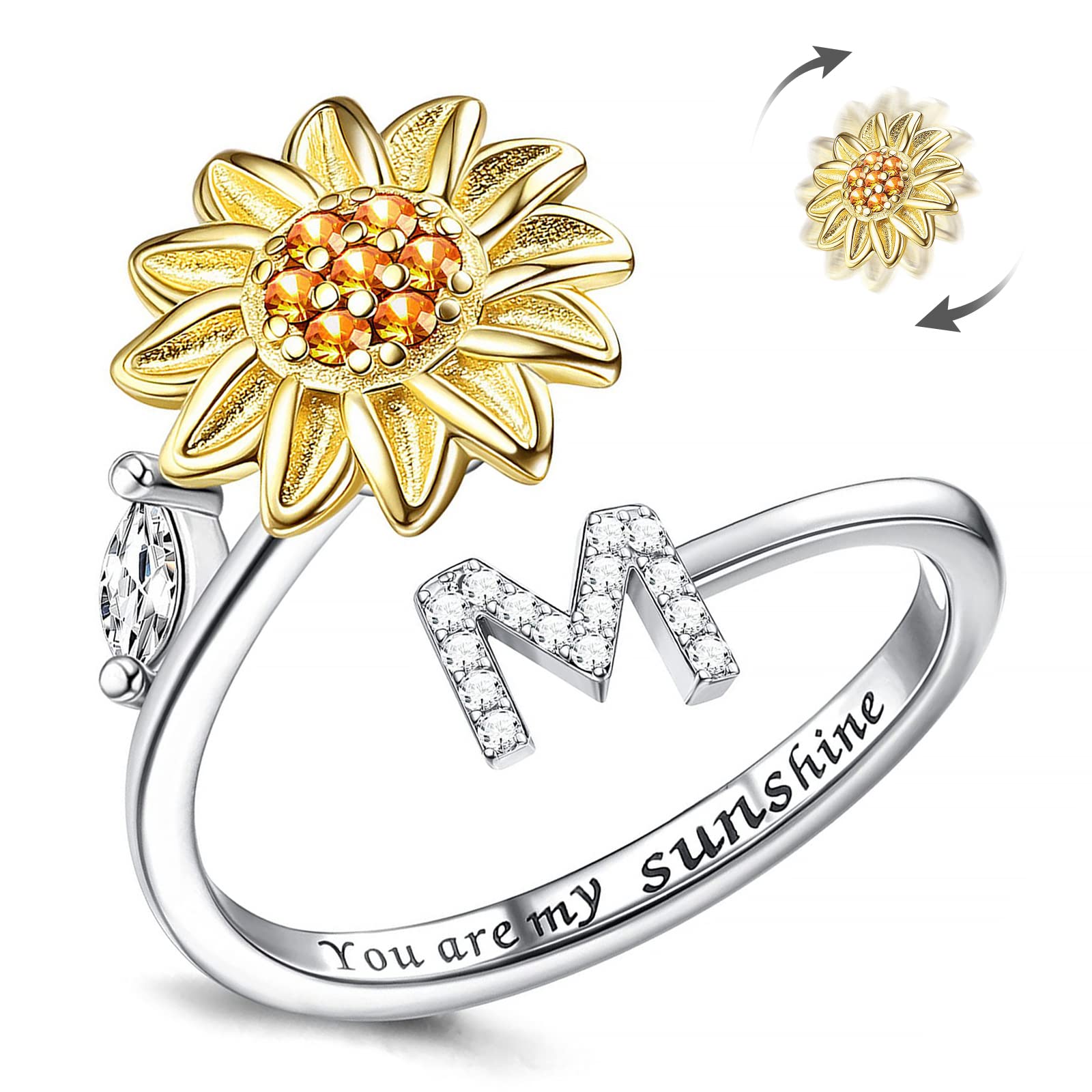 Fidget Rings Dla Kobiet, Kucheed Sunflower Regulowany Rozmiar Spinner Ring, Srebrny, Układany W Stosy, List Antystresowy,Kółko Na Palec, Wygrawerowane 'You Are My Sunshine'Wewnątrz Biżuterii