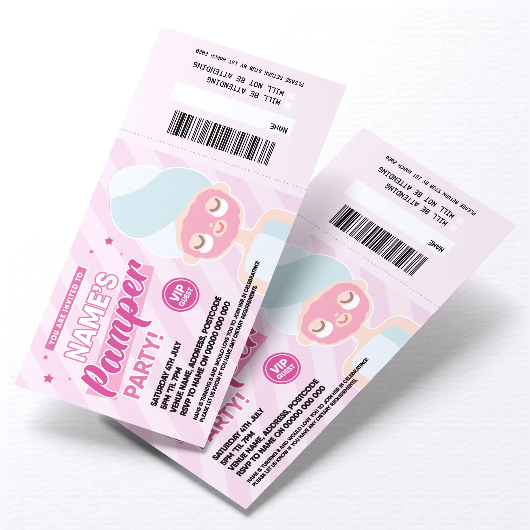 MJ DESIGN & PRINT Personalised Pamper Party Ticket Style Invitations, Perforated Stubs, Realistic, Novelty, Unique, Kids, Girls, Fun, Birthday, Invites