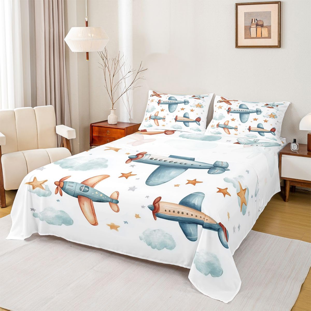 Homewish Zestaw pościeli do samolotu, podwójne prześcieradła z chmurą, gwiazdki, marzycielskie, ręcznie rysowane, zestaw prześcieradeł, śmigło, samolot, 4-częściowy