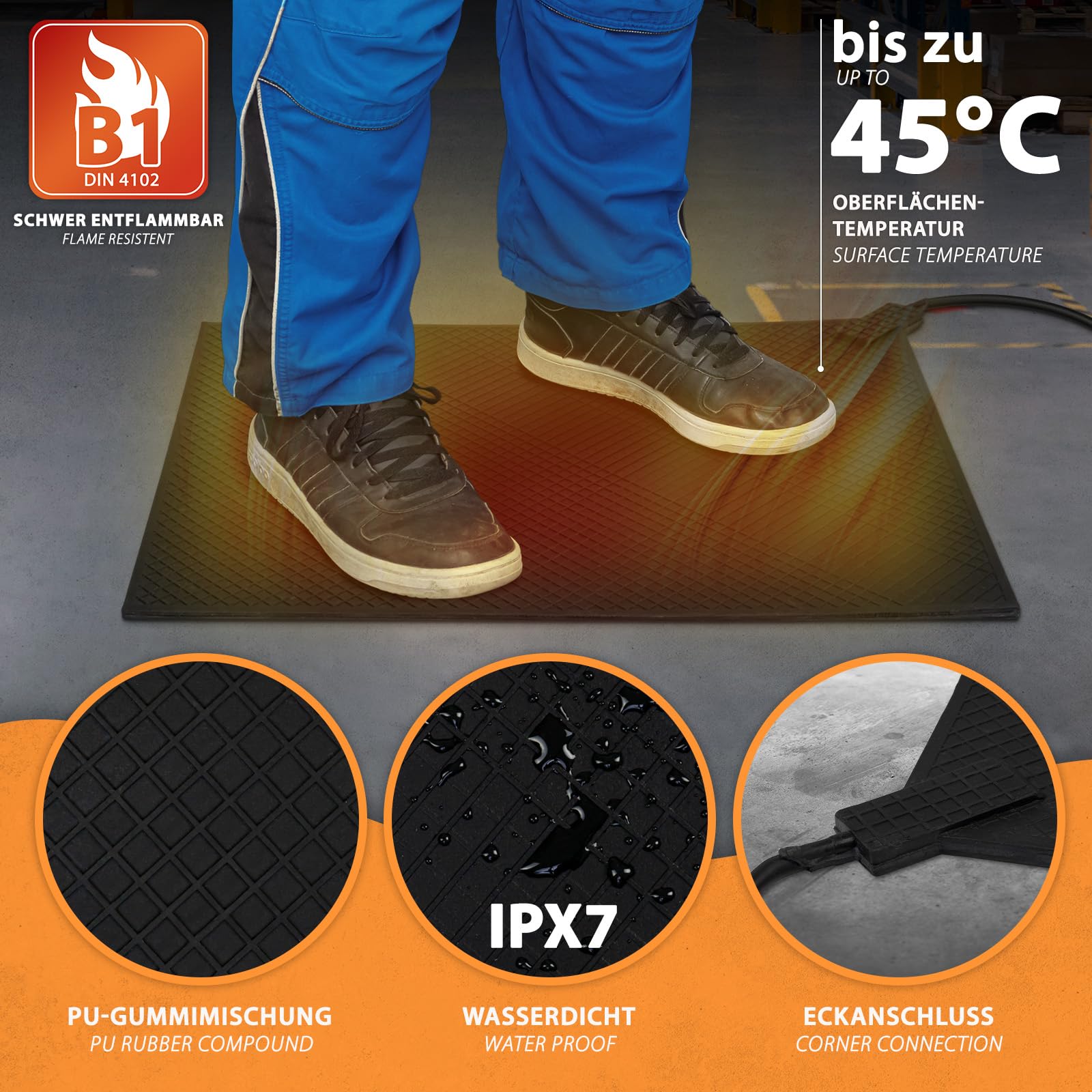 Mi-Heat Gumowa mata grzewcza 45 x 60 cm, 110 W – ciepłe stopy w chłodni, magazynie, na taśmie montażowej, stoisku sprzedażowym lub na zewnątrz