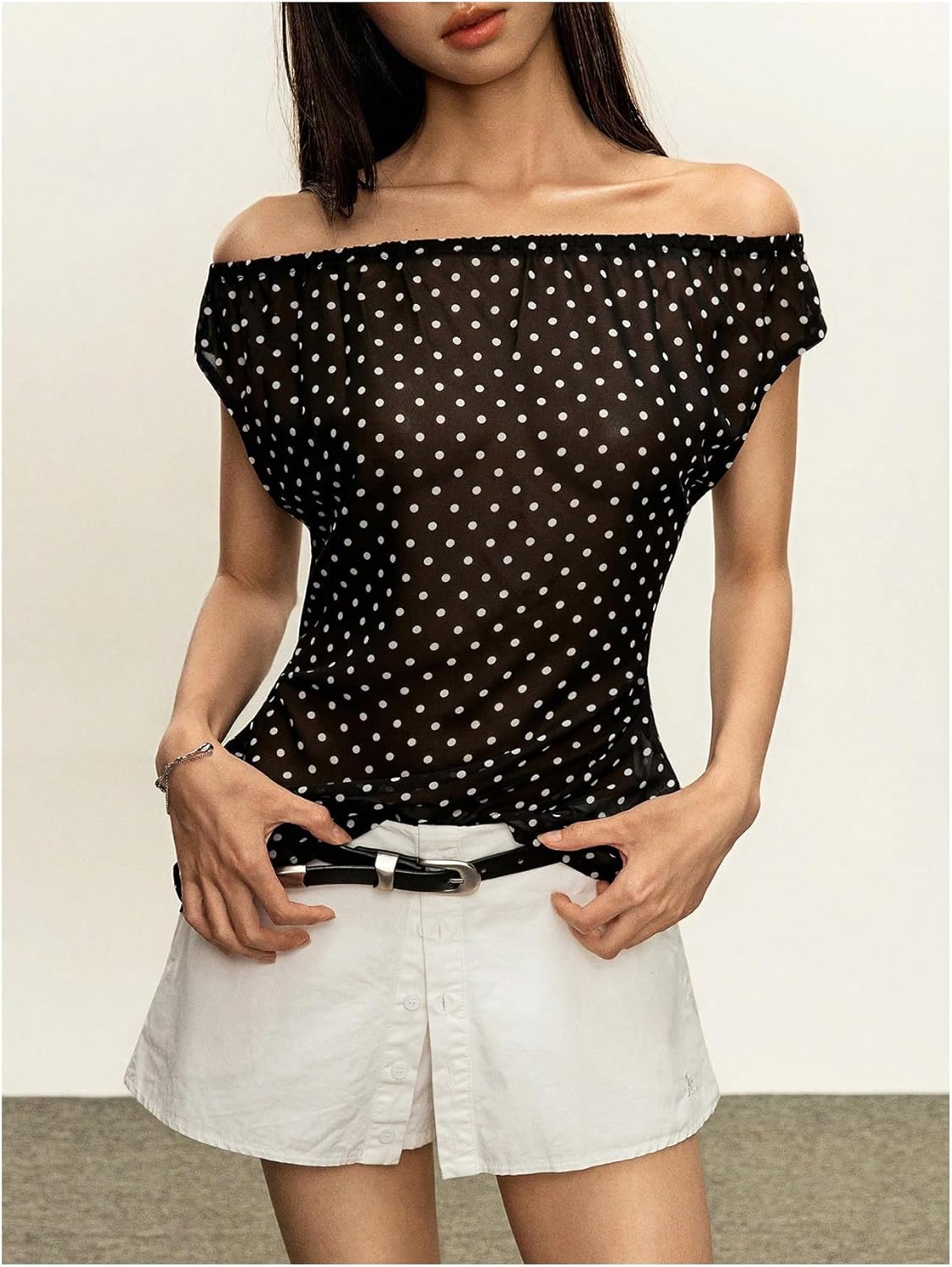 WDIRARA Women's Polka Dots Off The Shoulder Tops Short Sleeve Sheer Mesh Knot Back Tee Shirts - Image 3