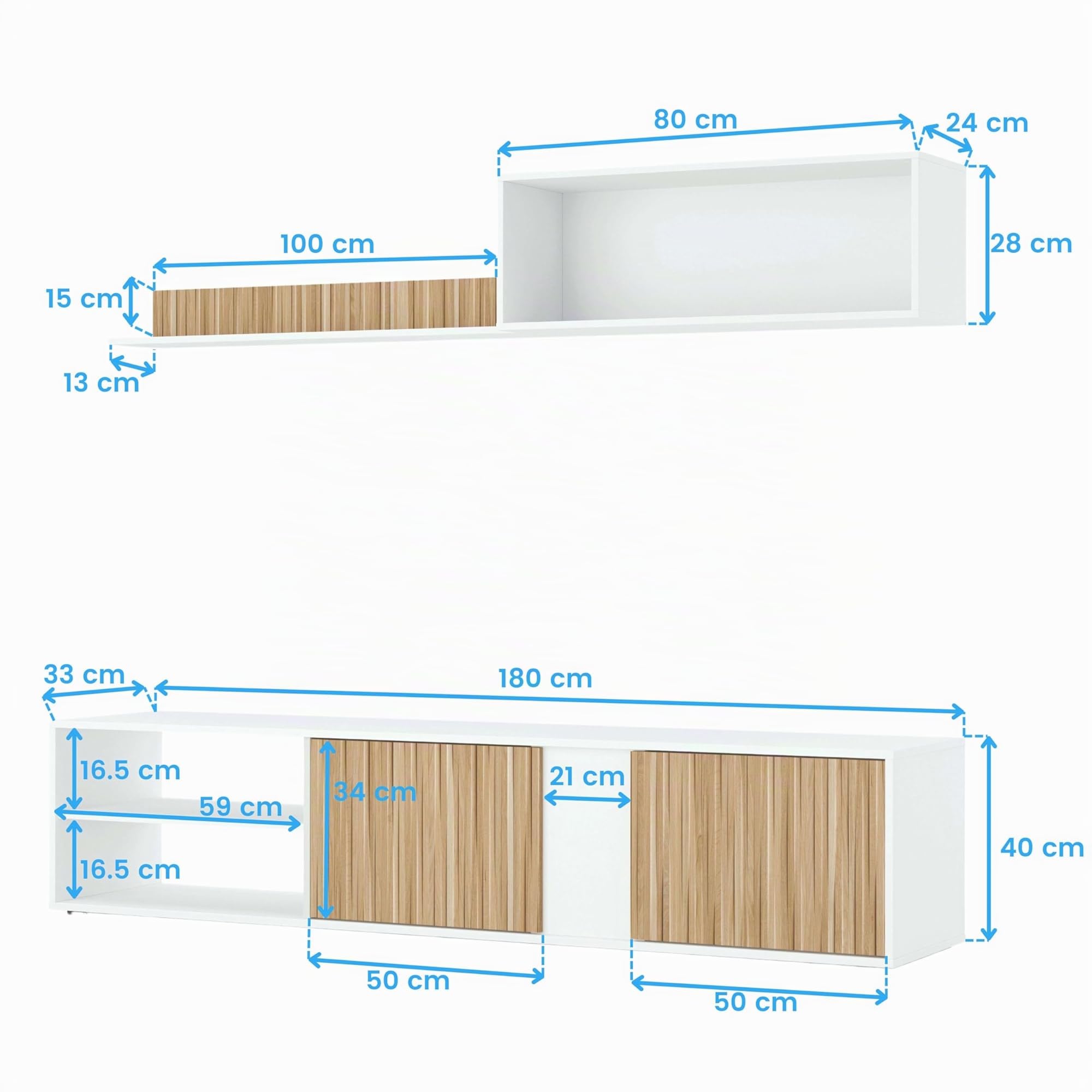Habitdesign Modèle Ecco Meuble TV réversible Finition blanche « Artik » et naturel, dimensions : 40 x 180 x 33 cm (H x l x P).