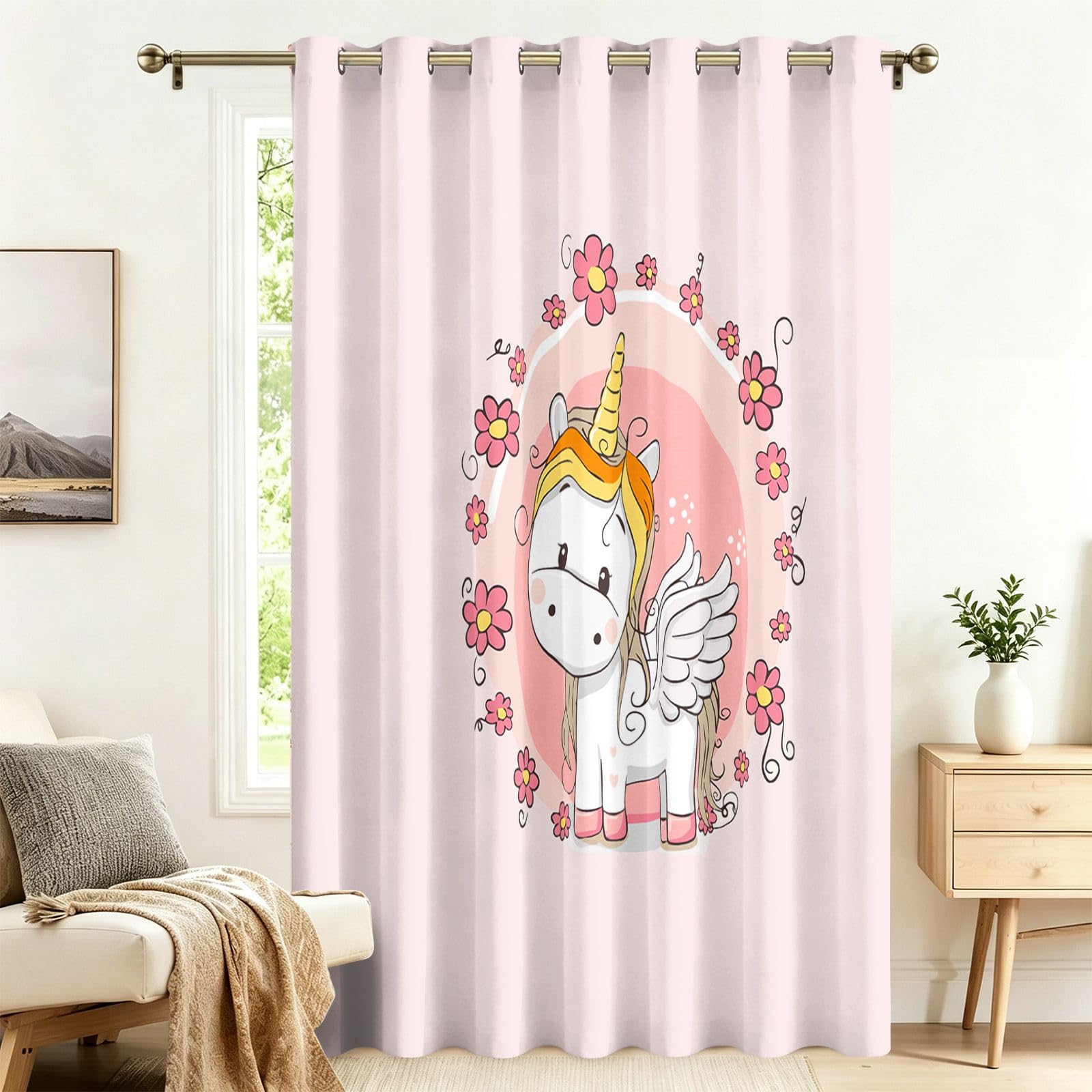 Fadaing Flower Wreath with Unicorn Curtains with Eyelets, Thermal Curtain, Heat Protection, 137 x 132 cm, Door Curtains, Heat Protection, Outdoor, Cold Protection, Bedroom, Living Room, Window