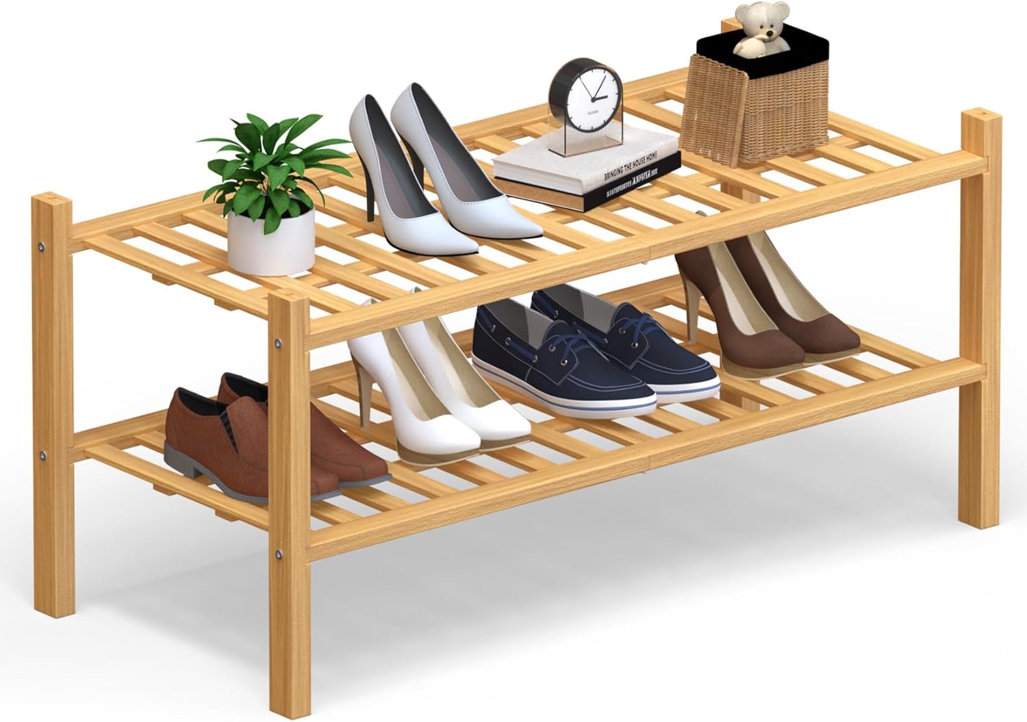 Haddockway 2 Tier Bamboo Shoe Rack Storage Organizer, Multifunctional Free Standing Stackable Shoe Shelf with Grid Panel for Closet,Hallway,Entryway,Small Space 27"x11"x13"