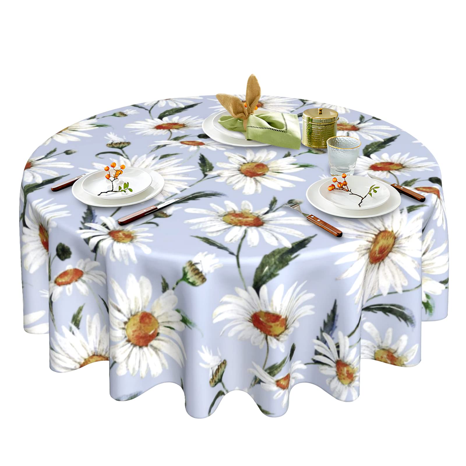 Tolmz Daisy Print Tablecloth Watercolor Floral Round Tablecloth 60 Inch Washable Reusable For Home Parties Dinner Picnic Kitchen Dining Decor