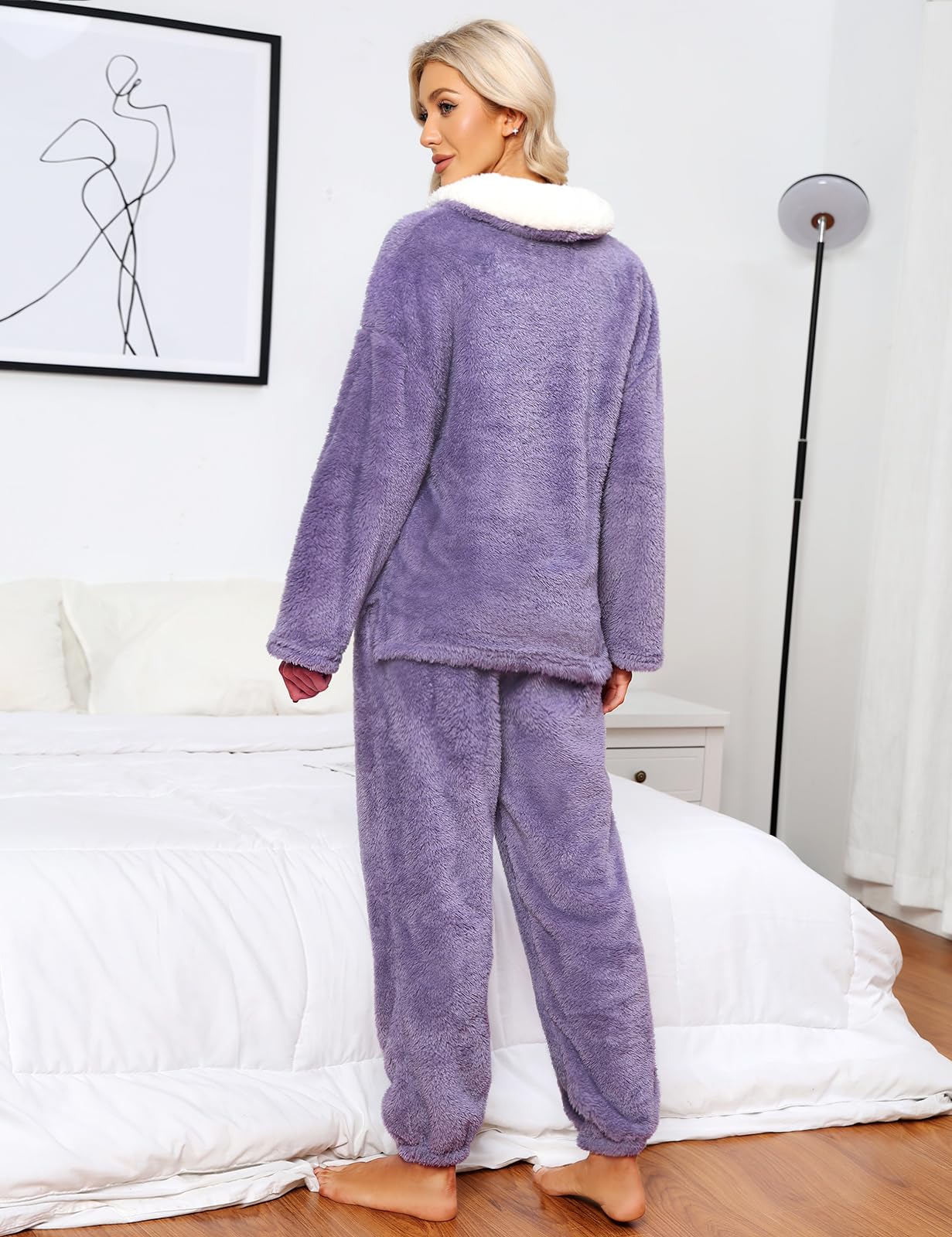 CMTOP Pyjama Femme Hiver Ensembles de Pyjama en Polaire Vêtements de Nuit Chaud et Doux Rembourré Ensemble Sleepwear Combinaison Pyjama à Revers Confortable et Moelleux avec Poches
