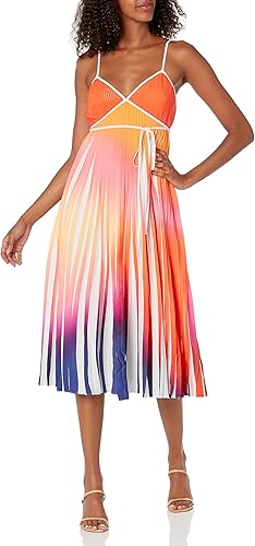 HALSTON Women's Mollie Dress in Pleated Print, Sunset Abstract Color Block