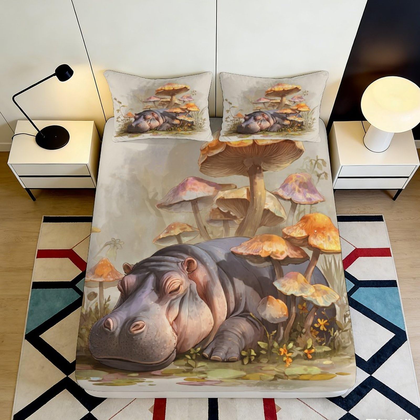 3D Printed Sleeping Hippo Fitted Sheet Microfiber Soft Mushroom Forest Mattress Cover for Bedroom Guest Room Decor 90x200x25cm