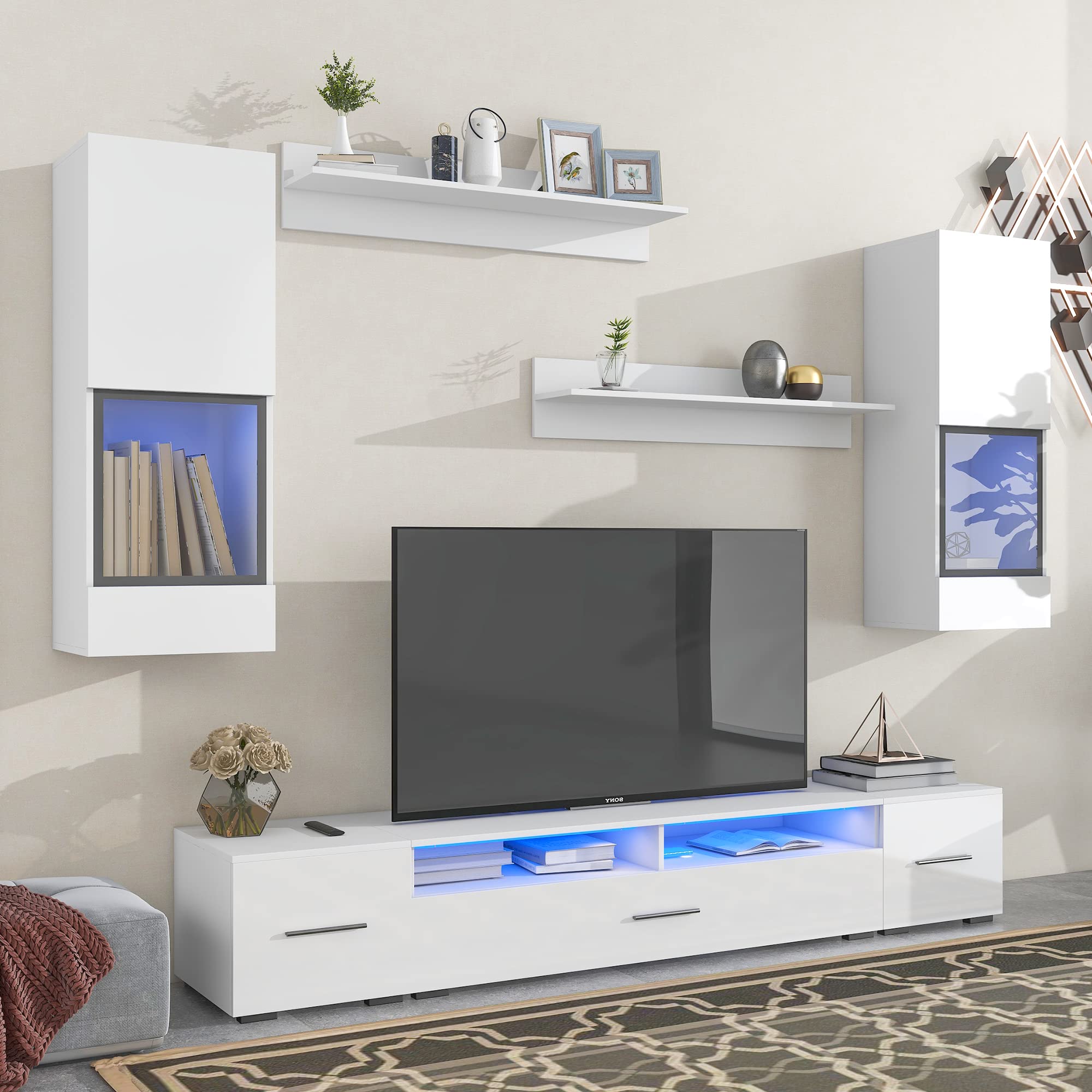 76’ Minimalist Style Floating TV Stand Set, High Gloss Wall Mounted Entertainment Center with 16-Color LED Light Strips for 90+ inch TV, White