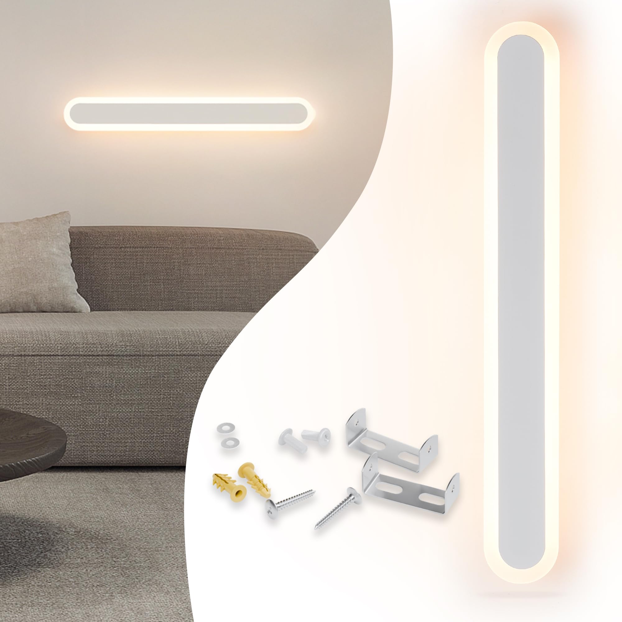 Aplique de pared LED para interiores - Pipe Light 60 cm, blanco, lámpara de pared delgada, lámpara de espejo para baño, iluminación de pared universal para baño, dormitorio, salón …