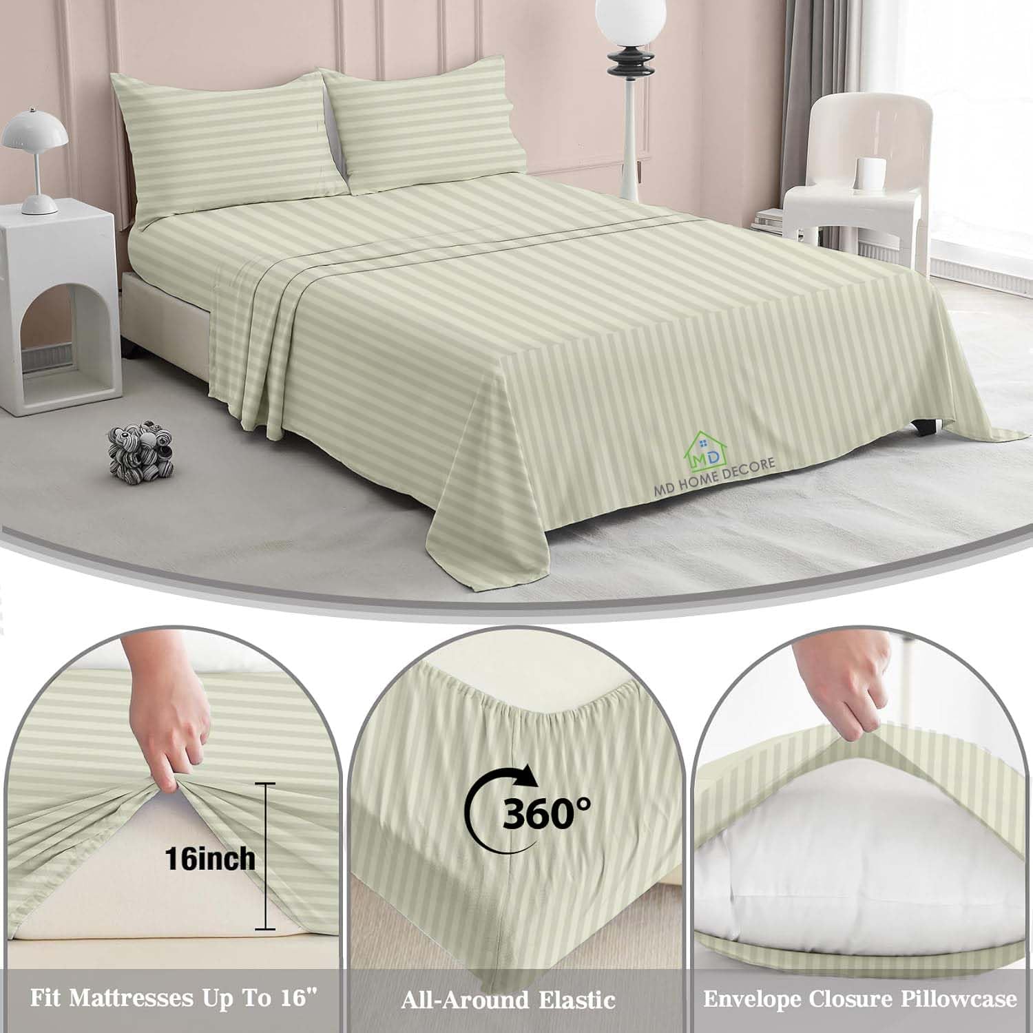 King Sheet Set, 4 Piece, 100% Egyptian Cotton, High Thread Count, Deep Pocket up to 16 Inch, Breathable, Soft, Cooling, Hotel Luxury Bedding, Ivory Stripe, Breathable, King Size Bed Sheets