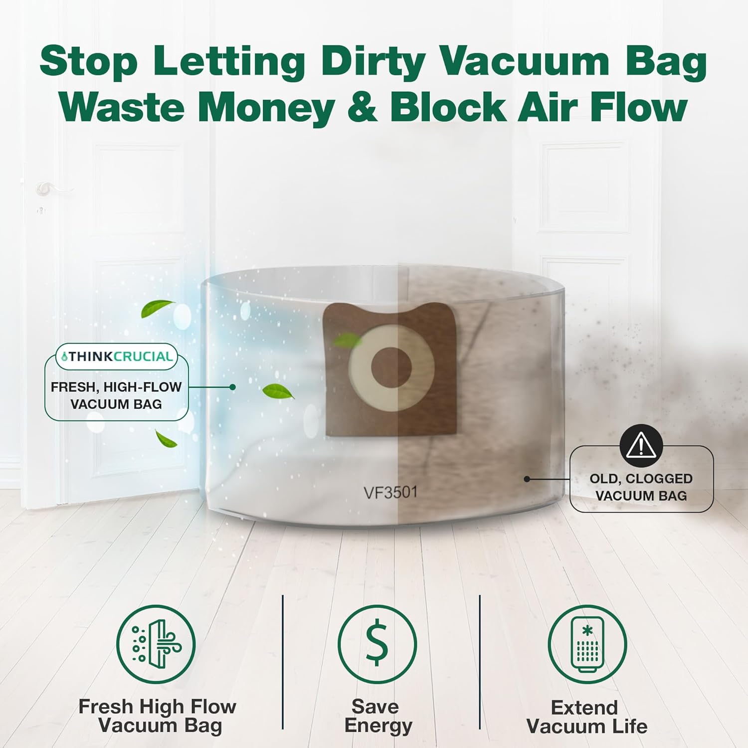 Crucial Vacuum 10 Replacement Allergen Bags Part # VF3501 - Compatible with RIDGID Models WD40500, WD40700, WD40501, WD45500, WD45220-3 - 4.5 Gallon Bag for Vacuums - 11.2" X 7.9" X 2" (10 Pack)