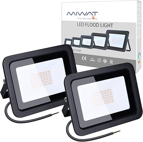 MIHEAL Paquete de 2 luces LED de 110 V de 50 W, blanco cálido 3000 K, IP67 impermeable, luces de seguridad superbrillantes, reflector al aire libre