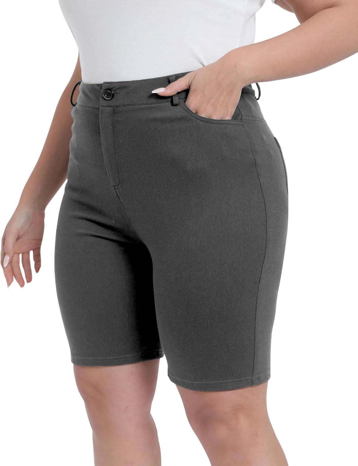 Womens Plus Size Bermuda Shorts Stretchy High Waisted Summer Casual Midi Shorts - Image 4