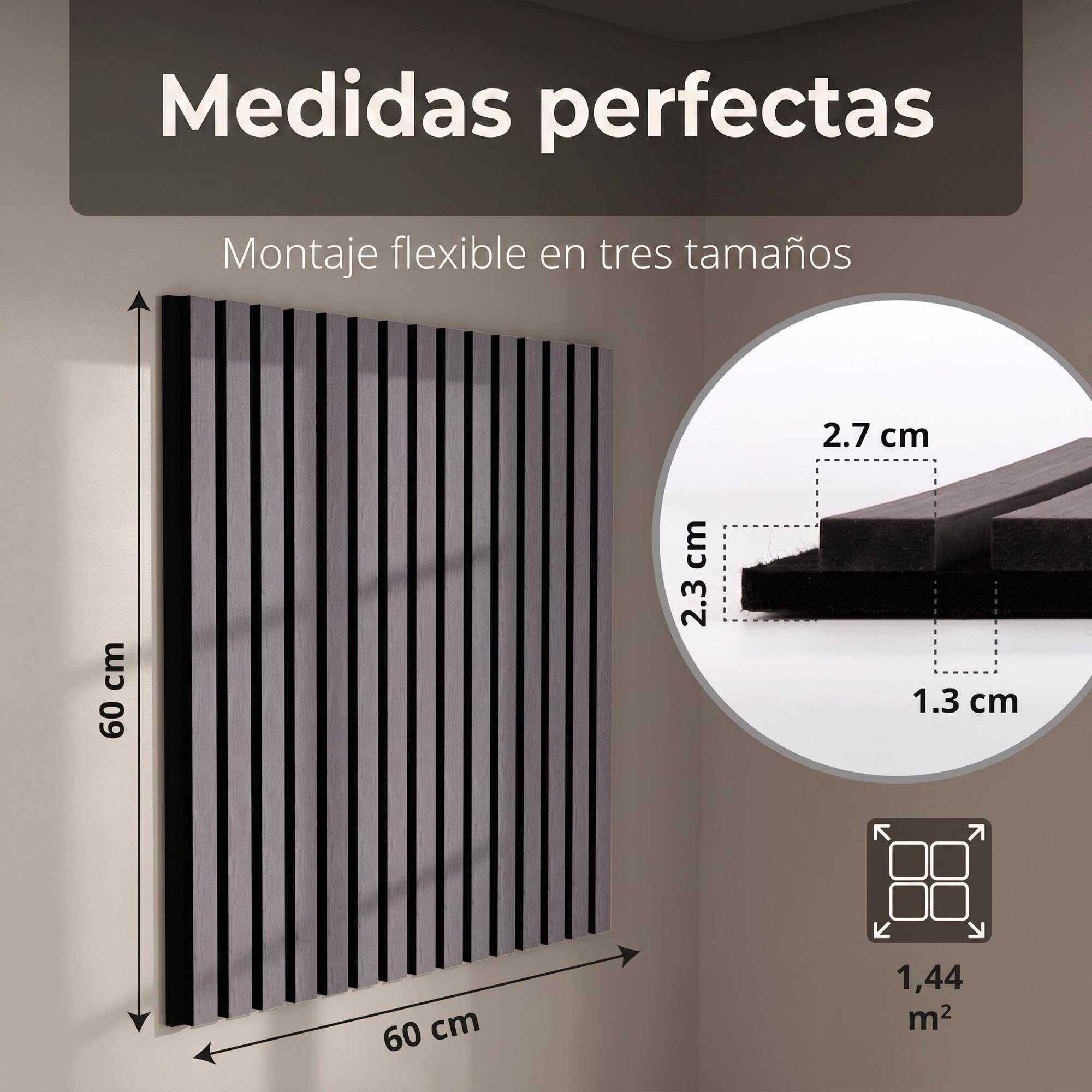 4x Paneles acústicos con lamas 60 x 60cm Gris madera