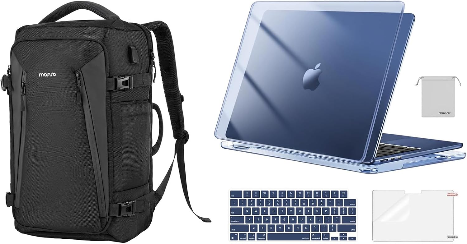 MOSISO Plastic Hard Shell&Keyboard Cover&Screen Film&Pouch Compatible with MacBook Air 13 inch Case 2025-2022 M4 M3 M2, Full Open 40L Travel Backpack with USB Charging Port, Crystal Midnight&Black