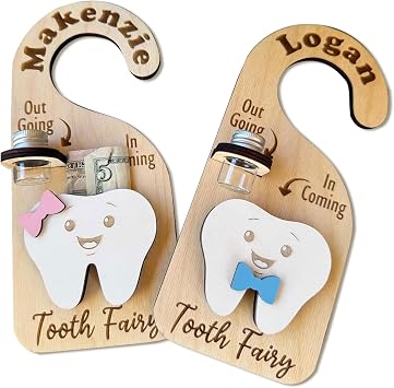 Personalized Tooth Fairy Door Hanger - Custom Tooth Fairy Holder with Jar and Money Slot, Keepsake Bottle, Encourage Gift for Lost Teeth Boy Girl Milk Teeth, Design 01