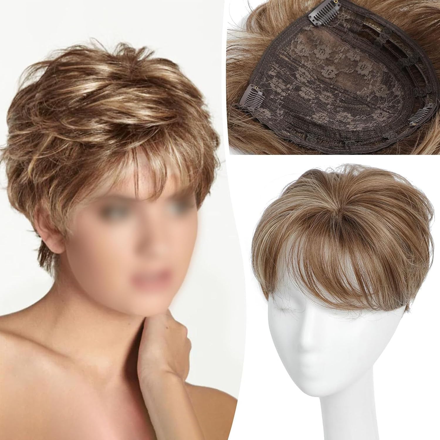 Hair Toppers with Bangs for Women Short Curly Hair Toupee Large Base Pixie Hair Piece Muti-Layer Wavy Clip In Synthetic Hairpieces Brown Blonde Mixed