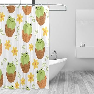 J JOYSAY Cute Frogs Flower White Print Fabric Shower Curtains with Buttonholes Hooks Water Repellent Washable Cloth Shower Curtain for Hotel Bathroom Decor 72x72 Inch