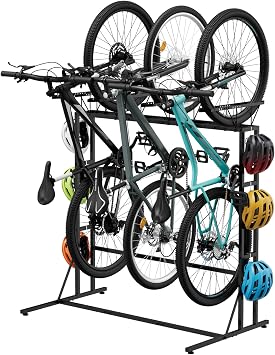 OYEAL Vertical Bike Stand, Free Standing Bike Rack Garage with 6 Hooks, Indoor/Outdoor Floor Bike Storage for 3 Adult Mountain/Road &1 Kids Bikes, Max Tire Width 2.6, Black