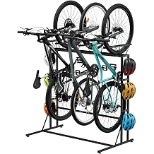OYEAL Vertical Bike Stand, Free Standing Bike Rack Garage with 6 Hooks, Indoor/Outdoor Floor Bike Storage for 3 Adult Mountain/Road &1 Kids Bikes, Max Tire Width 2.6, Black