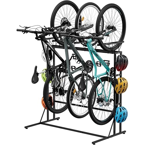 OYEAL Vertical Bike Stand, Free Standing Bike Rack Garage with 6 Hooks, Indoor/Outdoor Floor Bike Storage for 3 Adult Mountain/Road &1 Kids Bikes, Max Tire Width 2.6”, Black