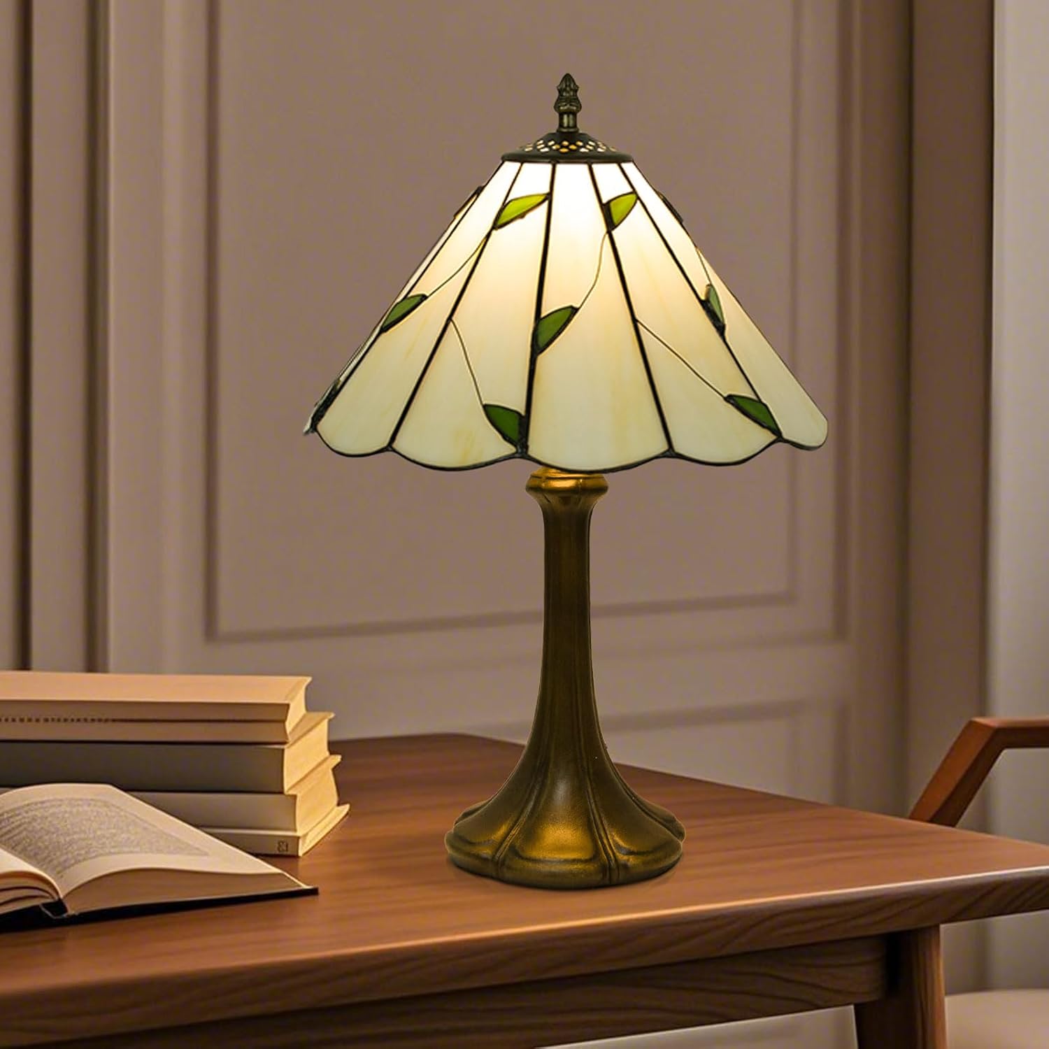 12 Inch Tiffany Table Lamps With Remote Control , Stained Glass Lamp with Stepless Dimmable Colors Temperature & Brightness for Living Room Bedroom Office , 9W Bulb Included (Umbrella Willow Leaves)