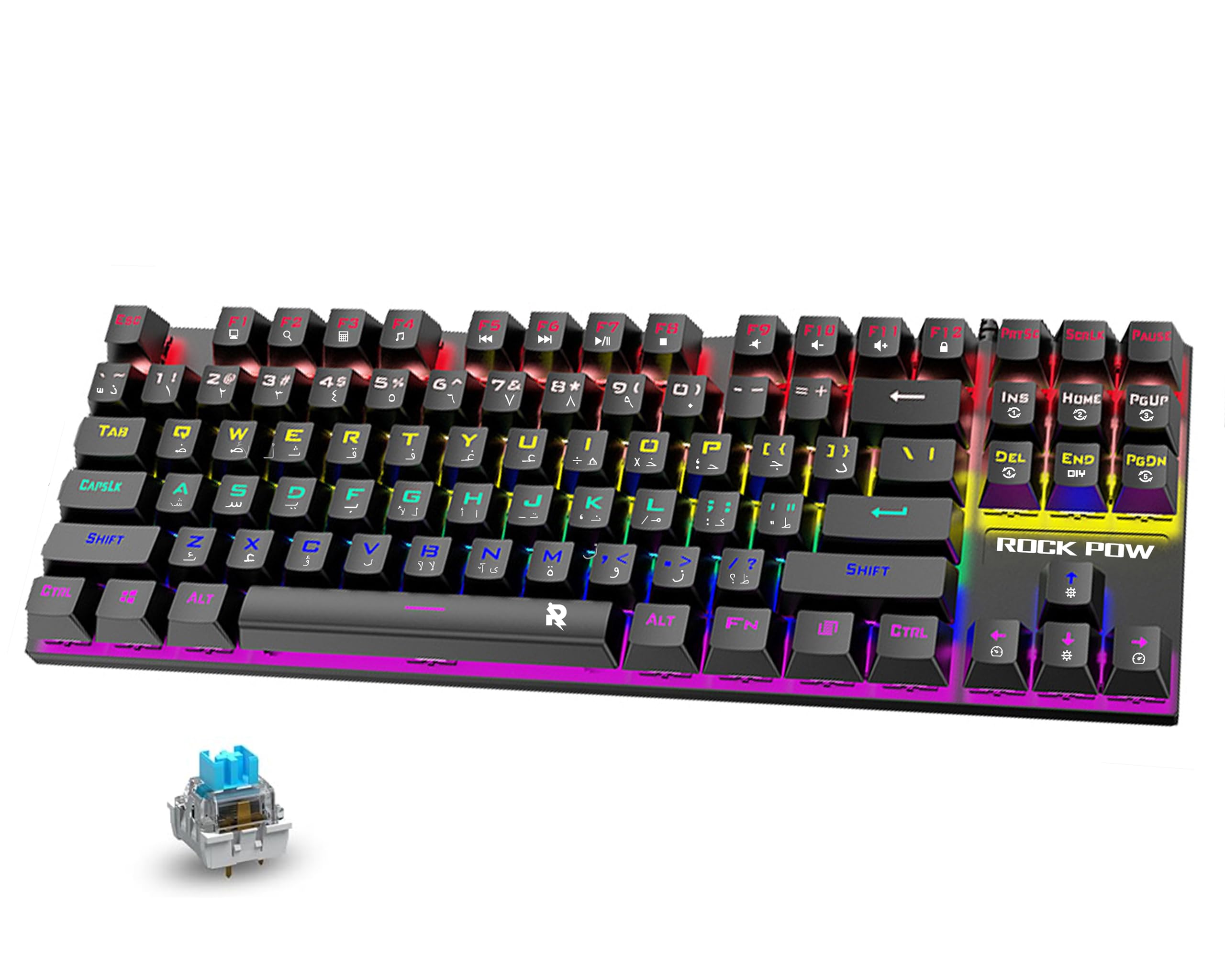 ROCK POW English Arabic Mechanical Gaming Keyboard with RGB LED Rainbow Backlit, Quick Response USB Wired E-sport Waterproof 87 Keys Keyboard for Windows/MacOS/Android PC Gamers - Black