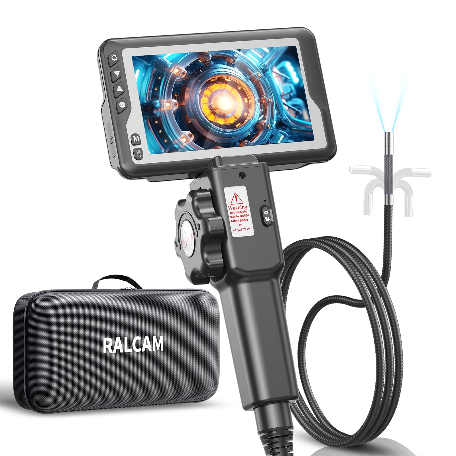 Ralcam Telecamera Endoscopica Endoscopio Industriale - 720P HD 4,5 Pollici Schermo LCD Sonda Telecamera 5,5mm Boroscopio Snake a 180° a due vie, 6 LED 1m Cavo Semirigido, Cassetta degli attrezzi