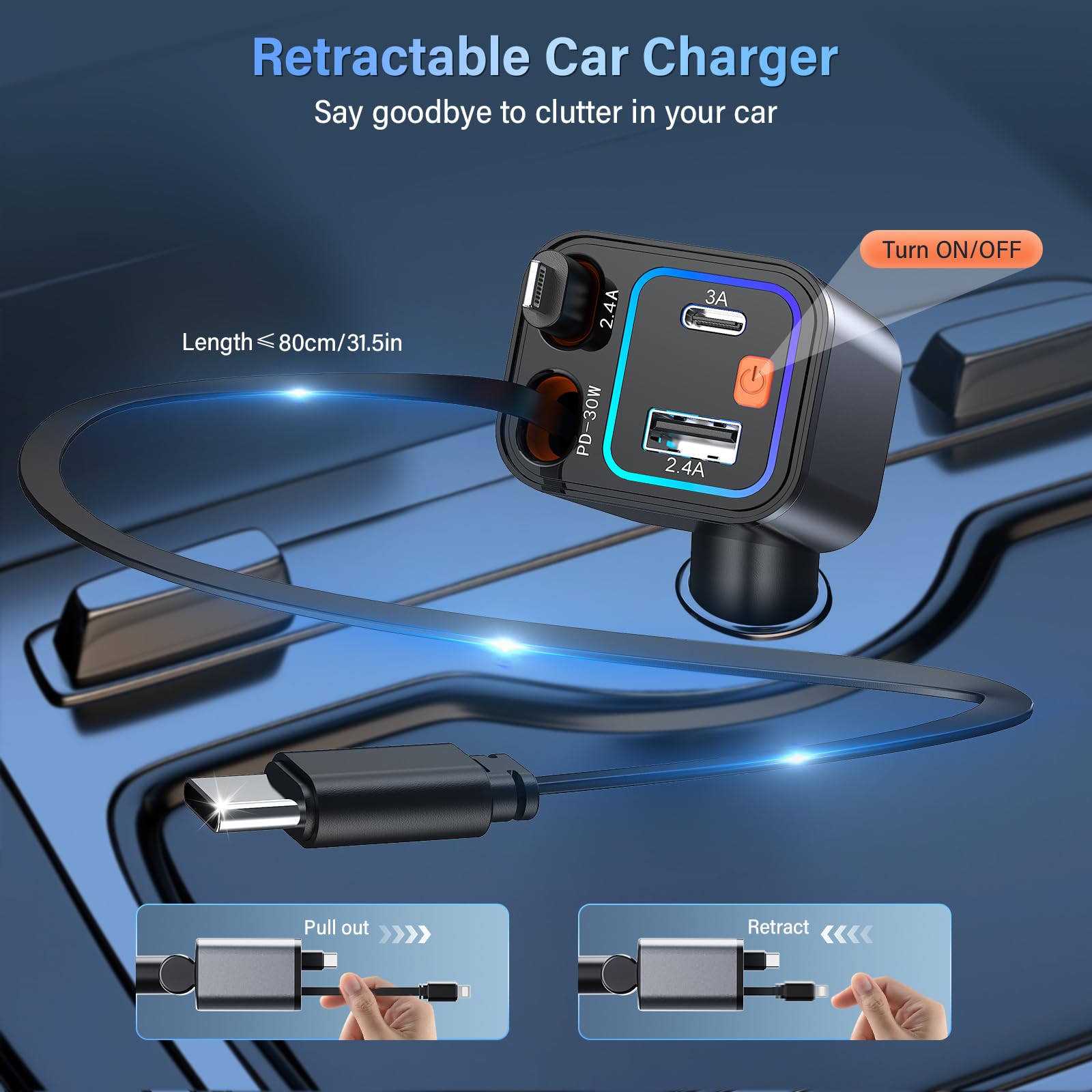 Ładowarka samochodowa USB C 4 w 1, 69 W, ładowarka samochodowa z 2 wysuwanymi kablami (typ C i Lightning), adapter USB do gniazda zapalniczki samochodowej ze światłem LED, obracany o 180°, szybkie