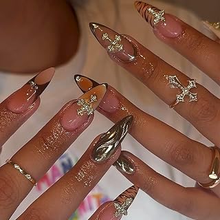 IMRAIN Almond Press on Nails Medium Gold Chrome Fake Nails with Cross Designs French Acrylic Nails Tips Brown Glossy Glue on False Nails Stick on Nails for Women 24Pcs