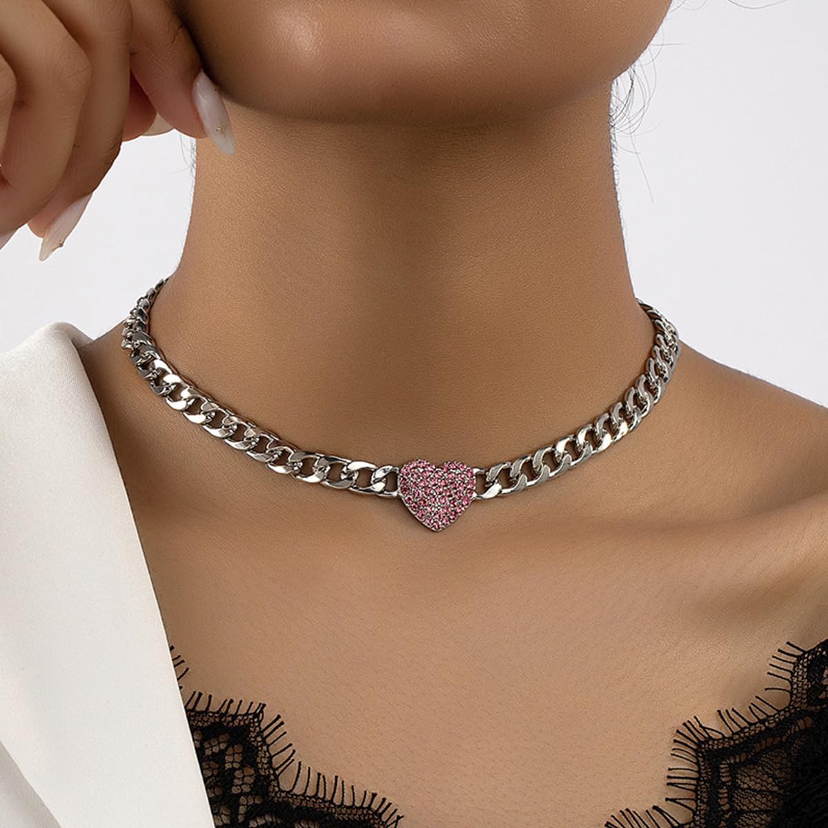 Rhinestone Heart Necklace for Women Chunky Cuban Link Chain Heart Pendant Choker Necklace Sweet Trendy Statement Party Jewelry - Image 2
