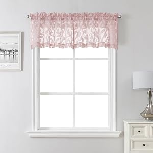 Lecloud Leia Blush Pink Sheer Valances for Windows 16 Inch Length 2 Pcs, Dual Rod Pocket Jacquard Leaf Textured Short Curtains, Kitchen Curtains Drapes for Cafe Bathroom RV, Each Panel 28" W x 16" L