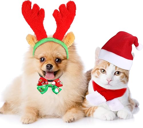 Miniatura 3 de 4 piezas lindo gato perro Navidad Santa sombrero bufanda lazo collar Navidad reno cuernos con orejas accesorio de disfraz de Navidad para gatito,