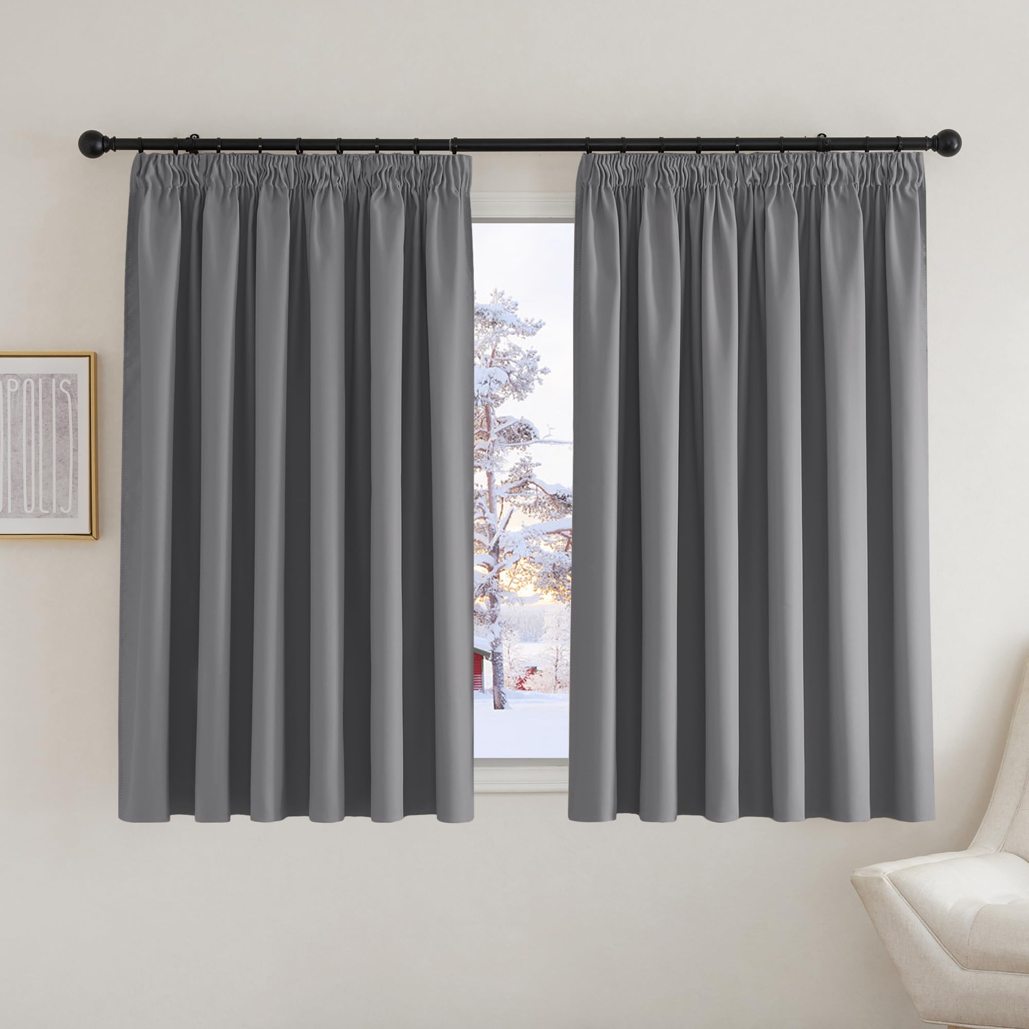 PONY DANCE Blackout Curtains for Bedroom / Living Room Pencil Pleat Grey Thermal Insulated Curtains 90x54 Inch Extra Wide Curtains with Hooks for Track, 2 Panels, W90 X L54, Gray