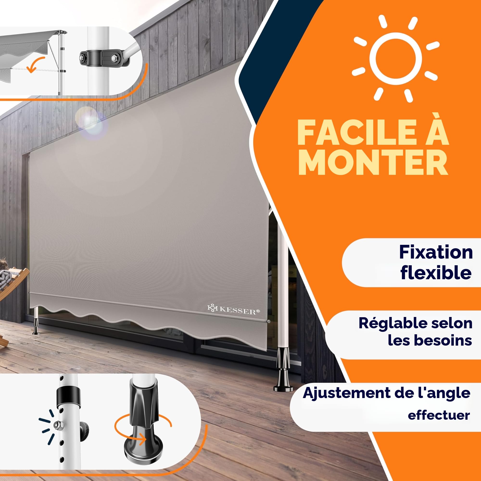 KESSER® Store banne avec manivelle pour Balcon | Store pour Balcon sans Trous à percer, résistant aux UV, réglable en Hauteur, Hydrofuge, protège du Soleil, Toit de terrasse (150cm, Gris)
