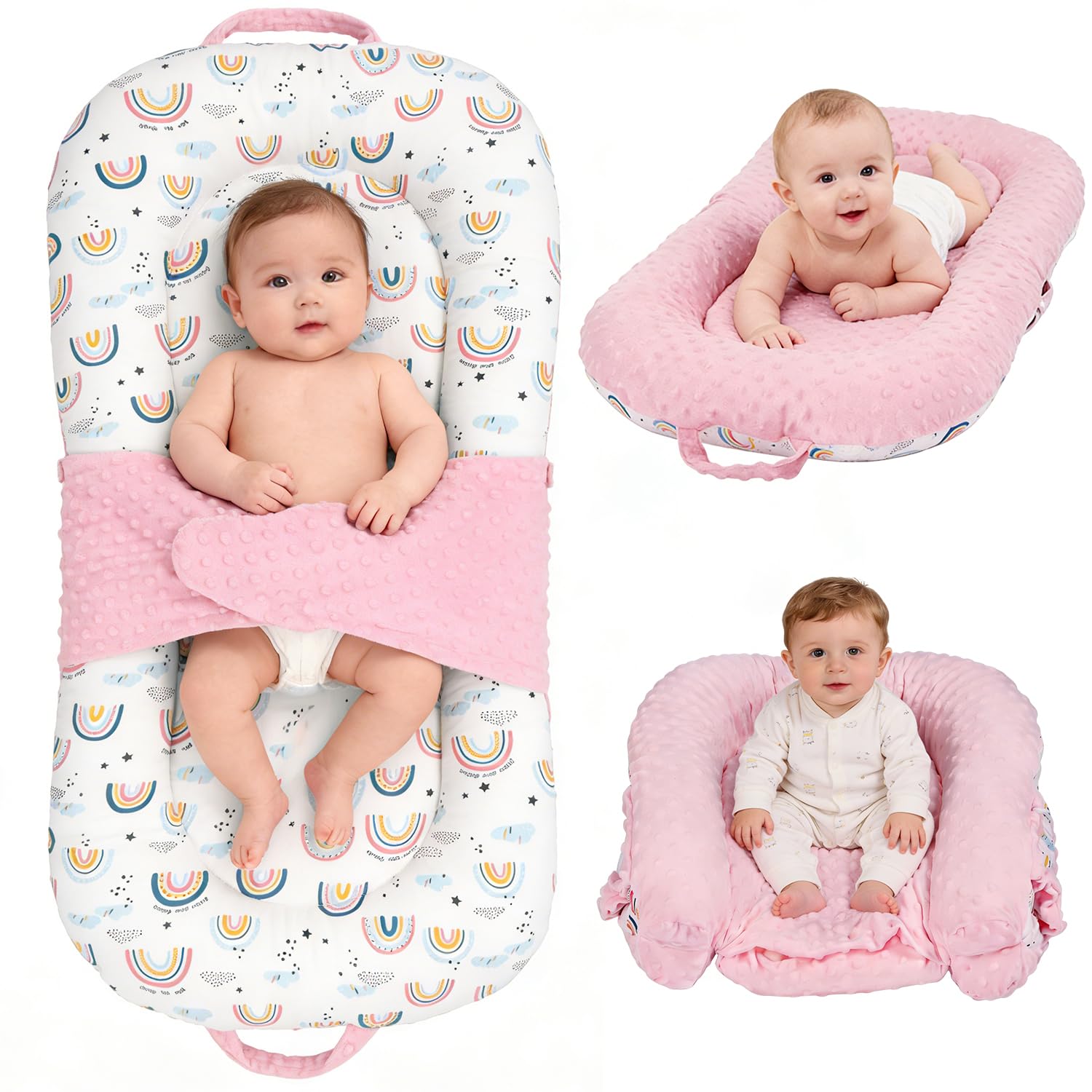 Sdraio 3 in 1 per neonati, portatile da 0 a 24 mesi, cuscino pieghevole e supporto per seggiolino, rivestimento rimovibile in 100% cotone e velluto, double face, ideale come regalo per