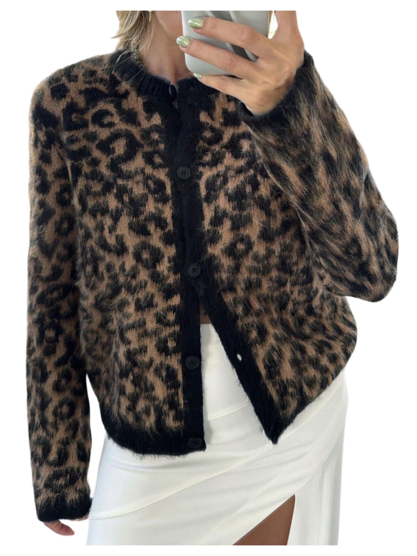 MakeMeChic Womens Cheetah Print Cardigan Fuzzy Button Down Long Sleeve Y2k Sweater