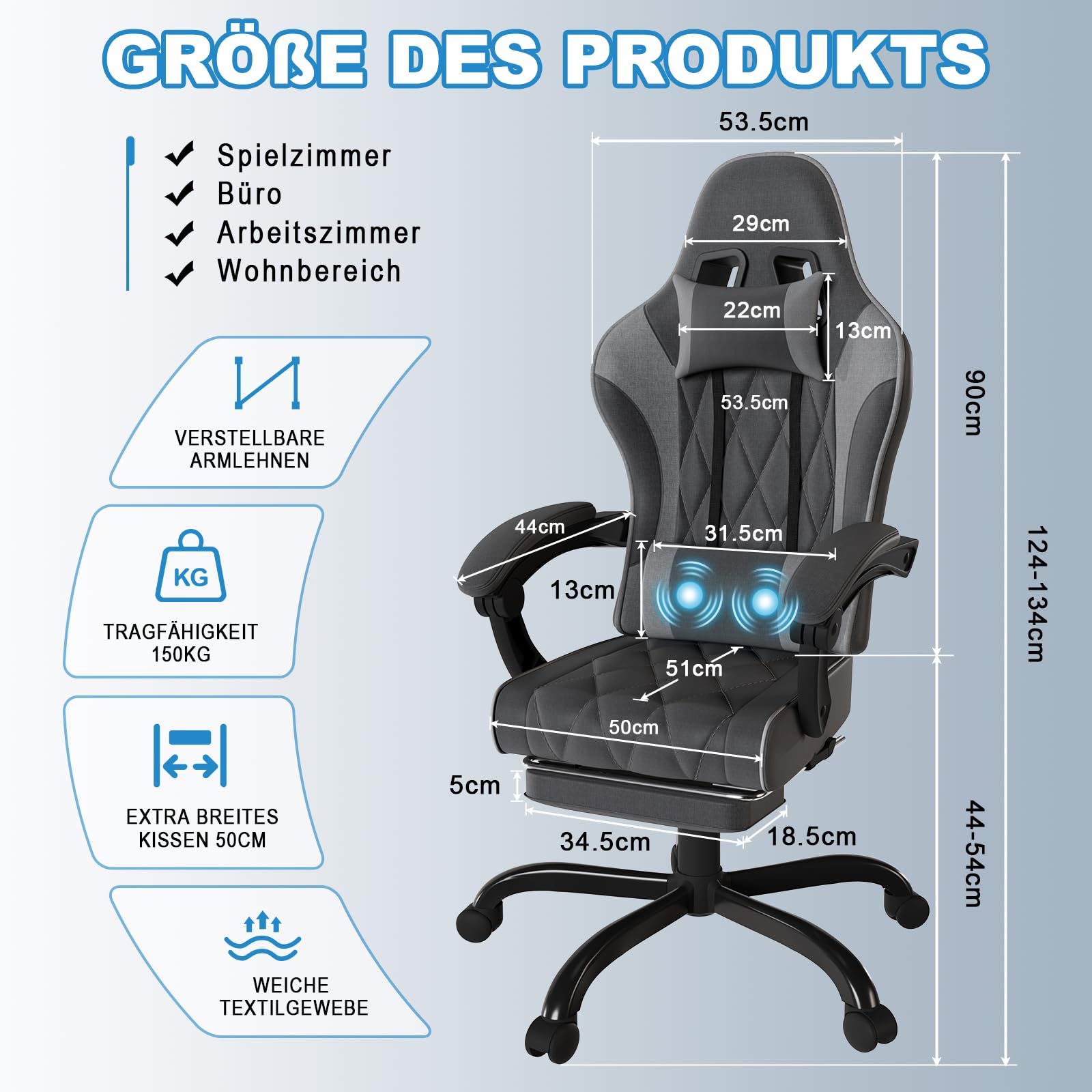 JUMMICO Sedia gaming in tessuto con imbottitura a molla, Sedie ufficio ergonomica con massaggiatore, sedia da gaming con poggiatesta, poggiapiedi, regolabile in altezza, portata 150 kg, Grigio Scuro