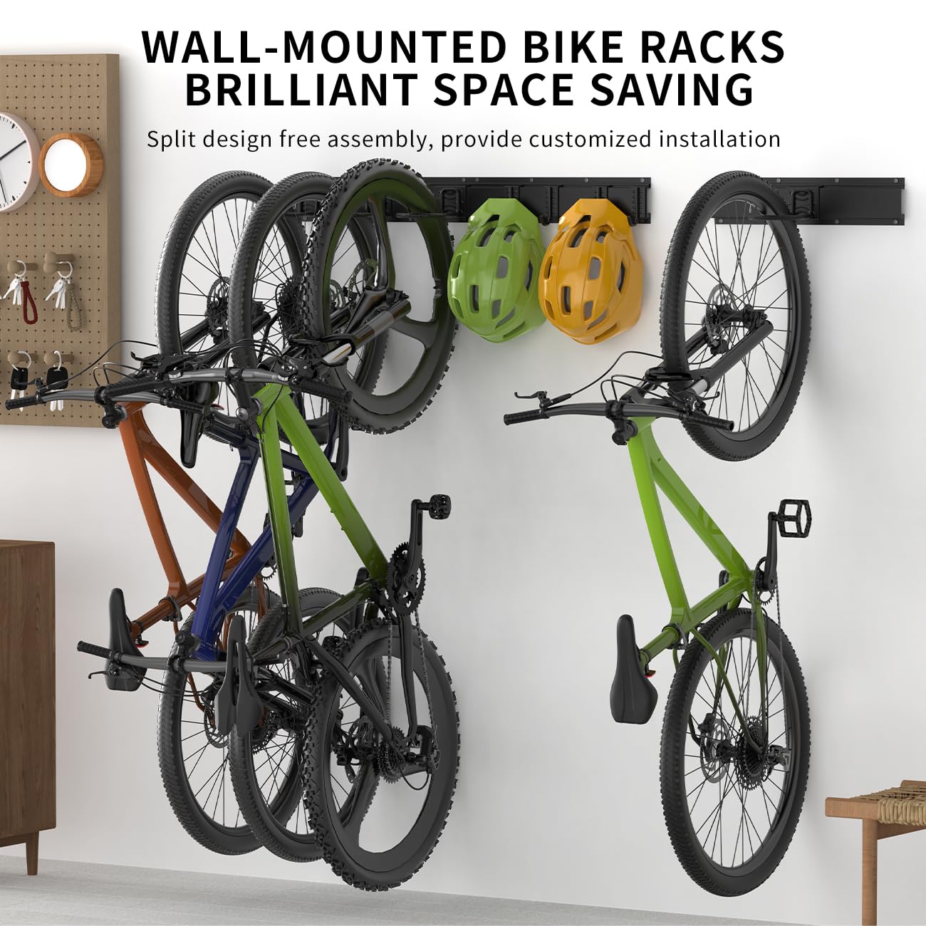 Housolution Bike Storage Rack 32Inch for 4 Bikes + 3 Helmets, Up to 300lbs, Heavy Duty Bike Hangers for Garage, Bike Hooks for Garage, Solid Steel Bicycle Storage, Bike Wall Mount, Black