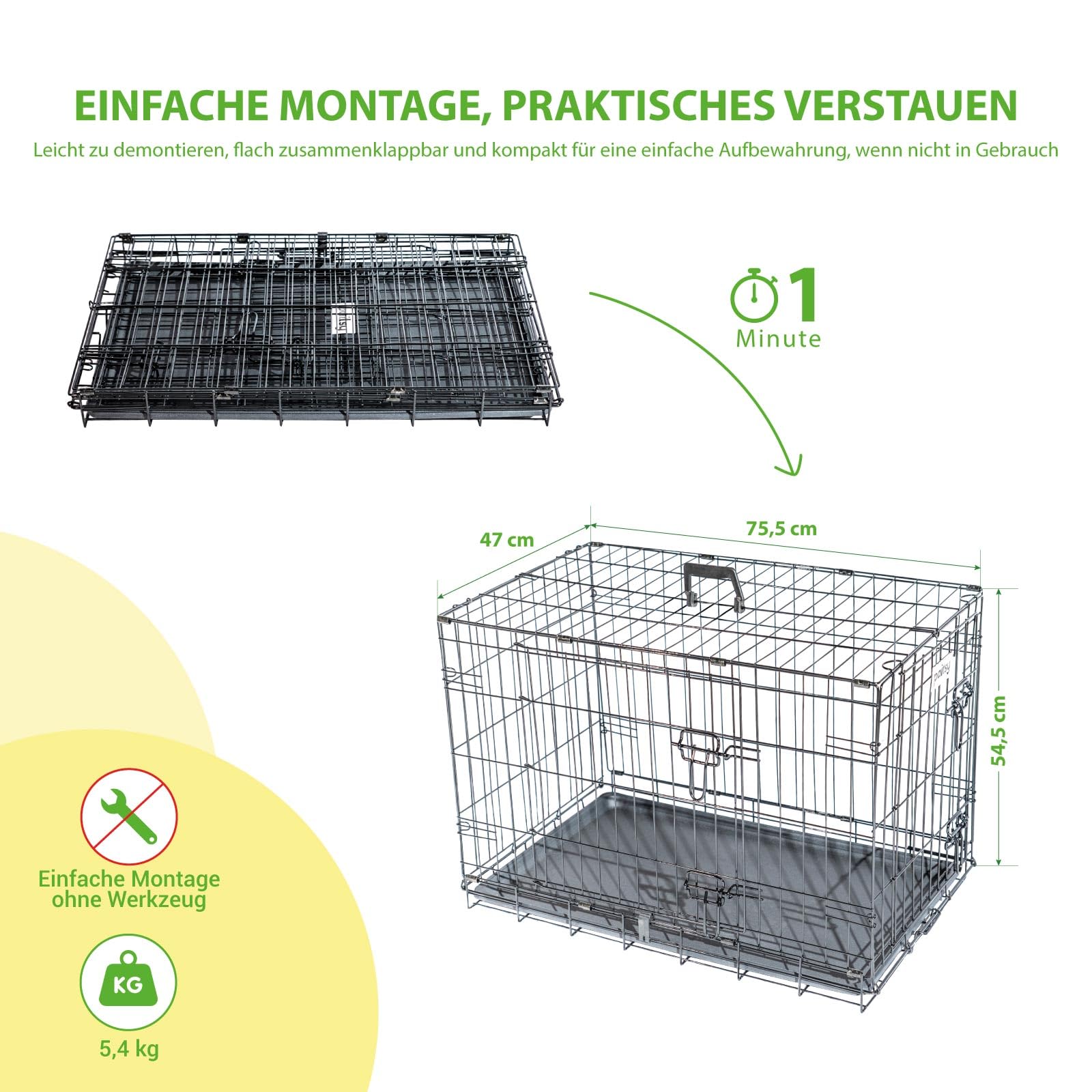 Hundetransportbox klappbar, Hundebox für mittelgroße Hunde 75x47x54 cm, 2 Türen, herausnehmbares Tablett, für Innenbereich, 5 Jahre Garantie