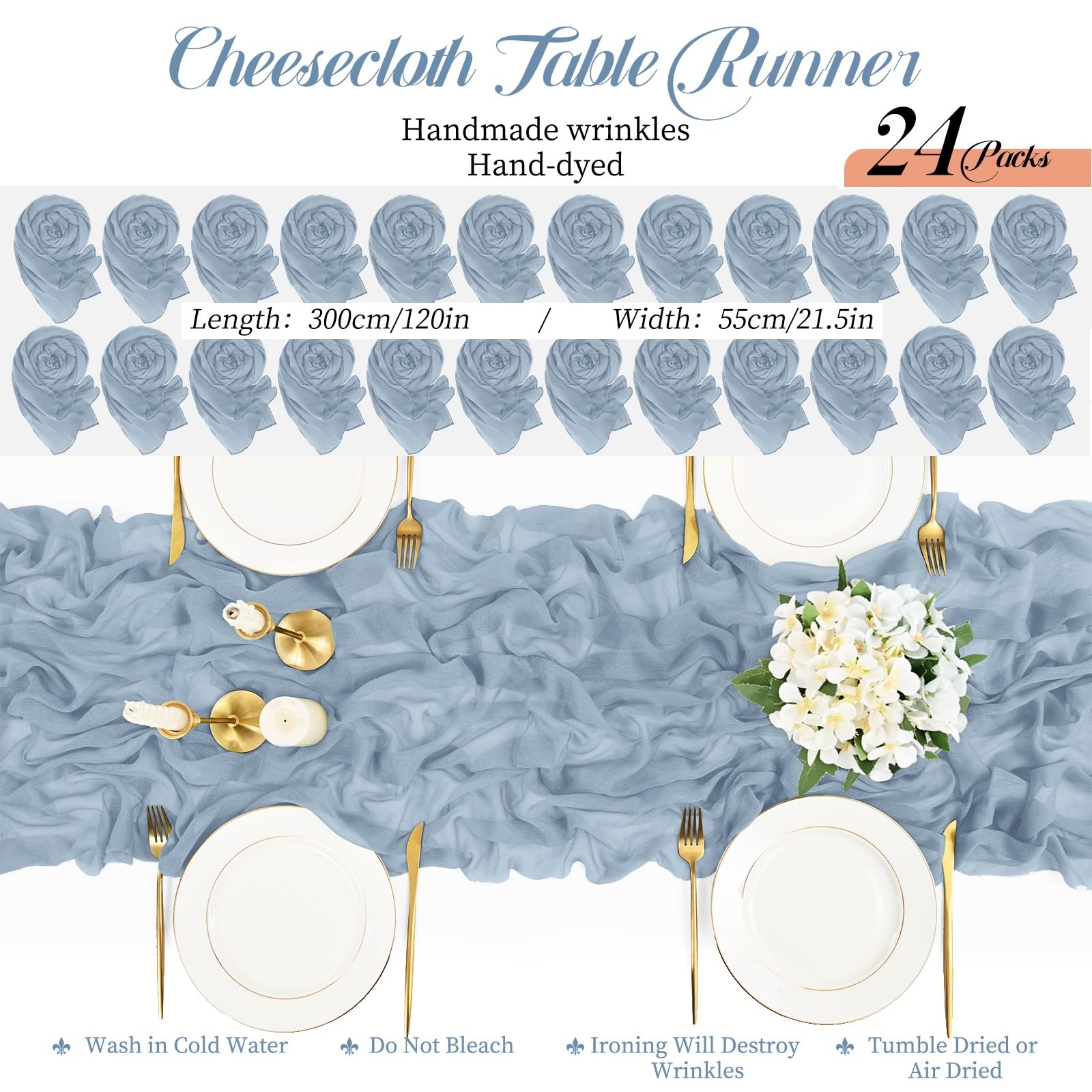 24 caminos de mesa de gasa azul polvoriento, 10 pies, gasa rústica, bohemio, decoración de mesa de boda, camino de mesa transparente para boda, fiesta, despedida de soltera