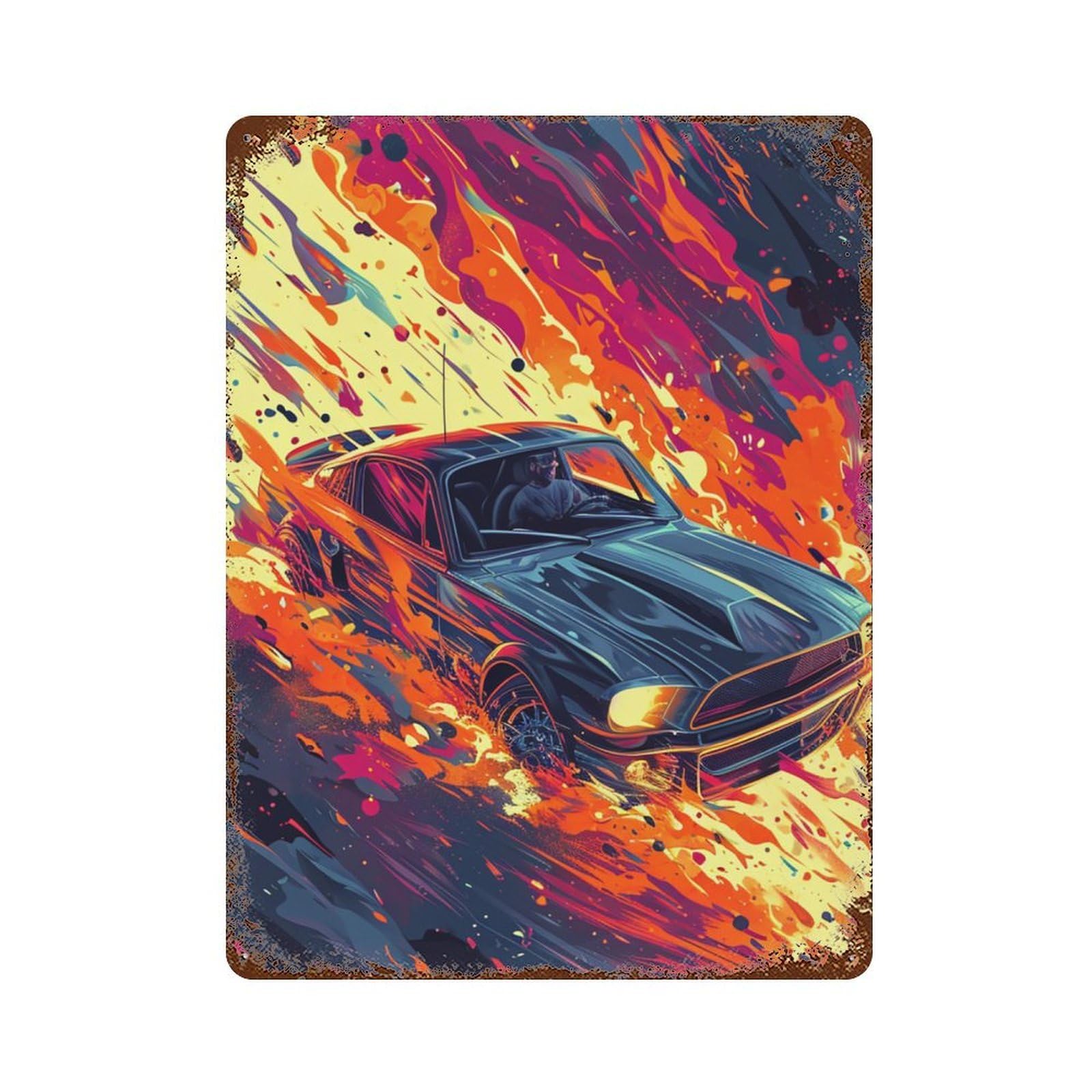 Racing Through Flames 15.7"x11.8" Distressed Metal Wall Sign, Shabby Chic Decor for Shed, Workshop And Garage Wall Decor