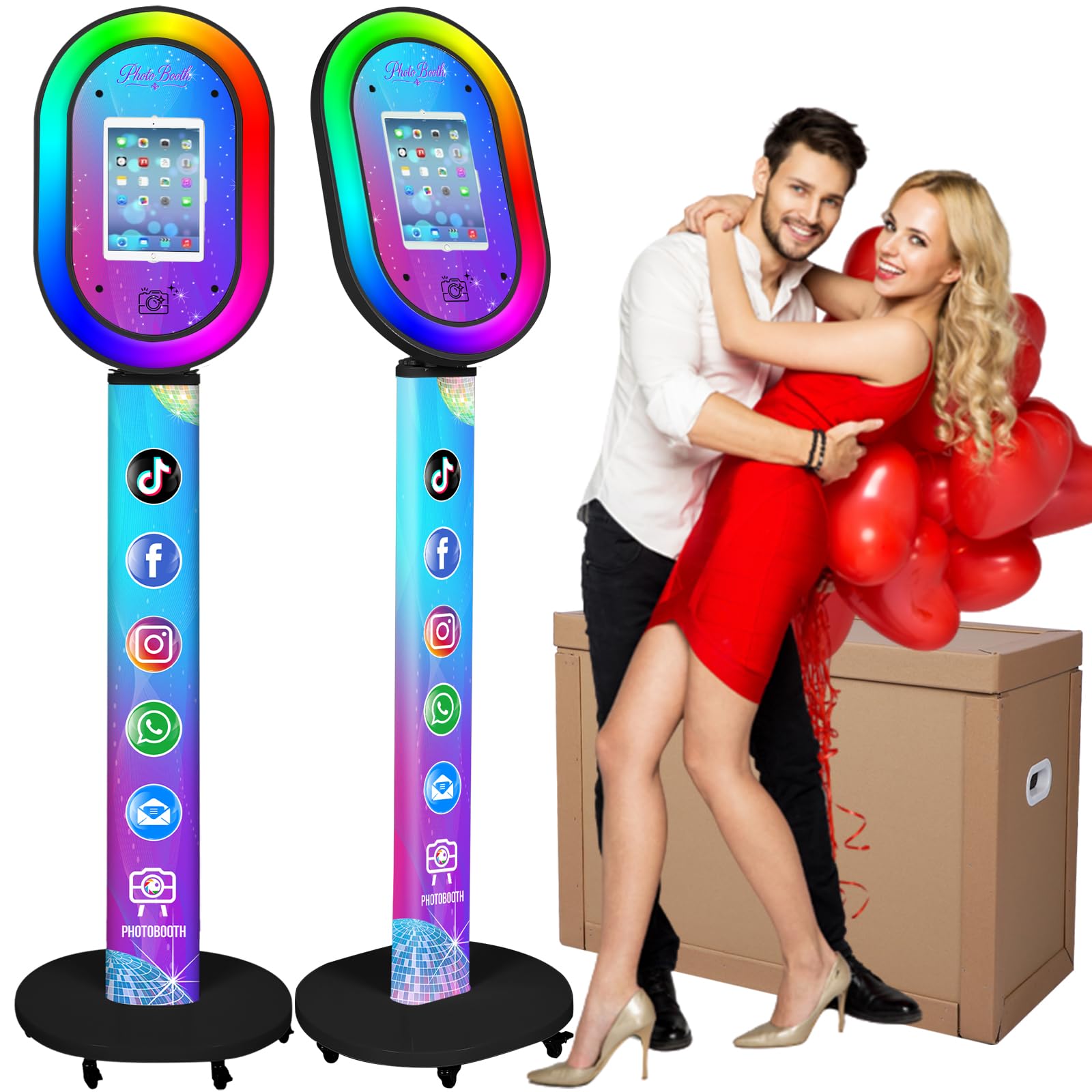 Photo Booth for iPad 10.2'' 10.5'' 10.9" 11" 12.9" 13" Shell Stand Selfie Station Customized Logo Photobooth Machine with Beauty RGB Ring Light and Honeycomb Box for Events Wedding Parties