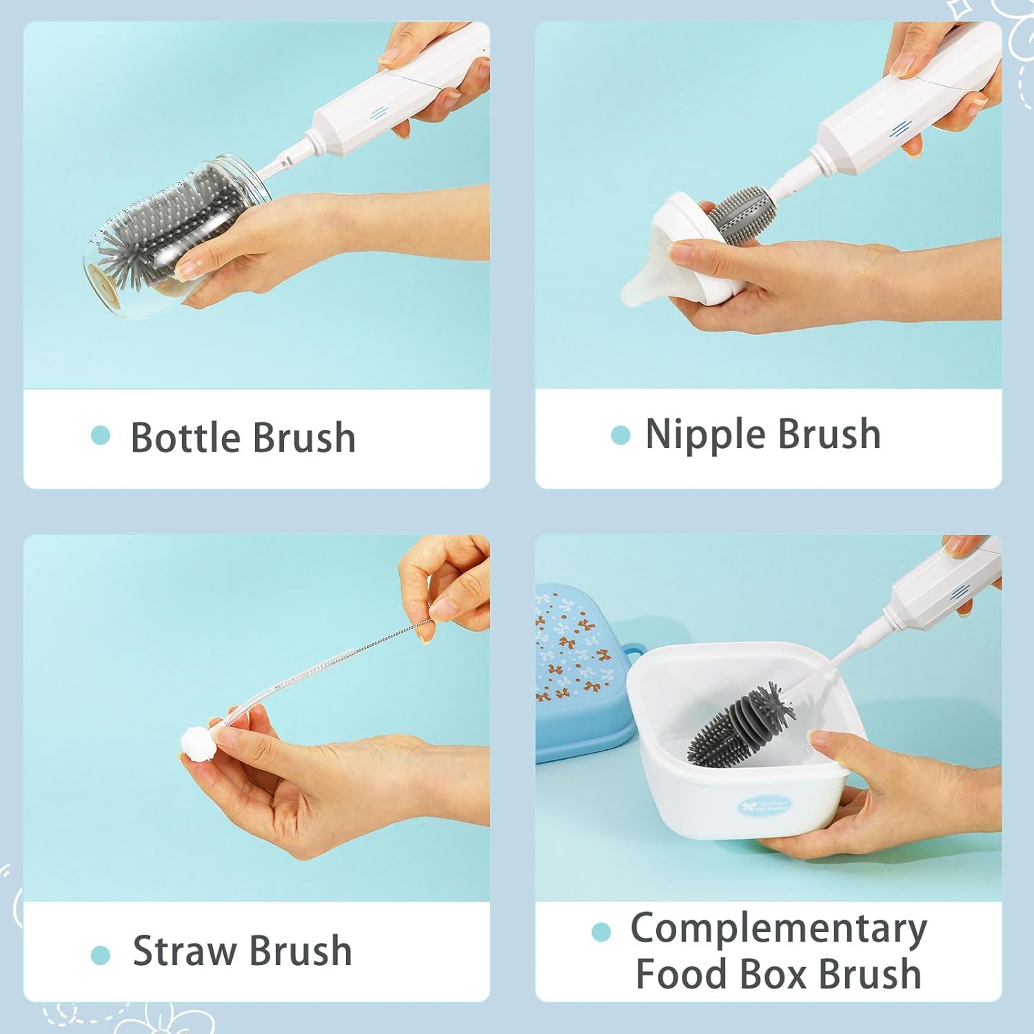 Zooawa Electric Baby Bottle Brush Cleaner,7in1 Travel kit with Rechargeable 90°Folding Elctric Bottle Cleaner & Drainage Box,Food-Grade Silicone,Long Battery Life,Nipple Brush,Straw Brush - Image 3