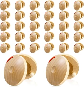 32 Pcs Finger Castanets Wooden Musical Instrument for Adults, Natural Wood Hand Percussion Clap Board Rhythm Tools for Party Performance & Music Practice 2.1 x 2.1 in